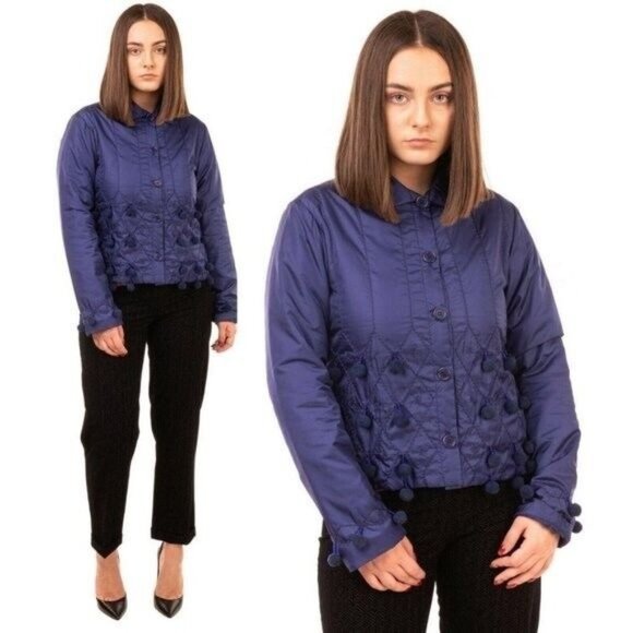 Blue Navy Down Jacket Women Large Packable Western Pom Pom Italy NWT ASPESI $565 - Picture 1 of 14